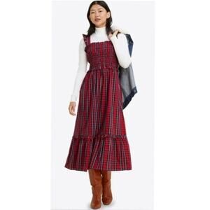 Nicole Miller Plaid Smocked Midi Dress Ruffle Sleeveless Cotton XS